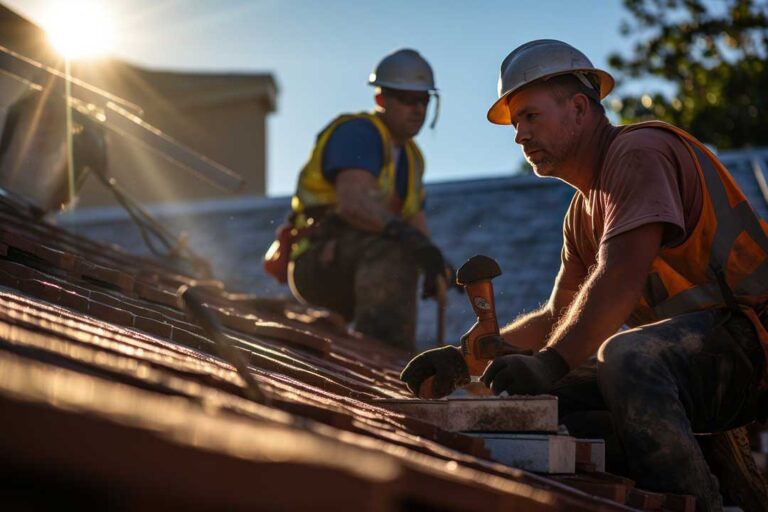 A roofing inspector examines asphalt shingles on a residential roof with a clipboard in hand.
